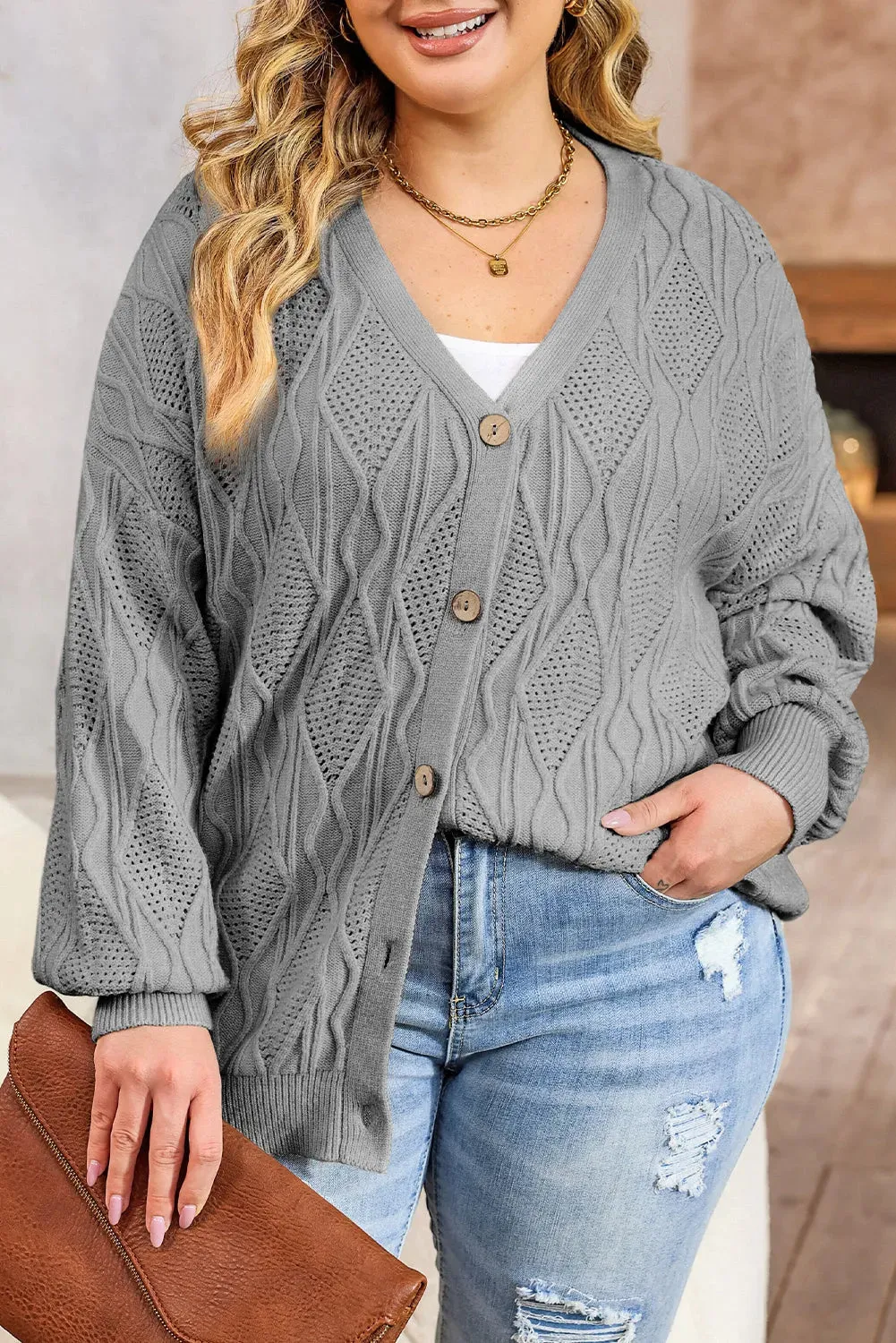 Apricot Plus Size Knit Button Up Cardigan