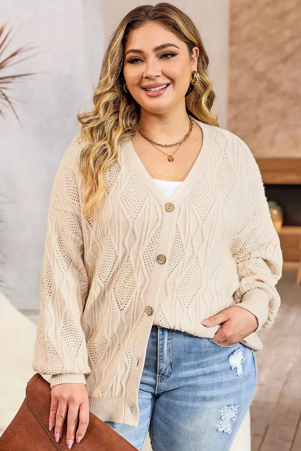 Apricot Plus Size Knit Button Up Cardigan