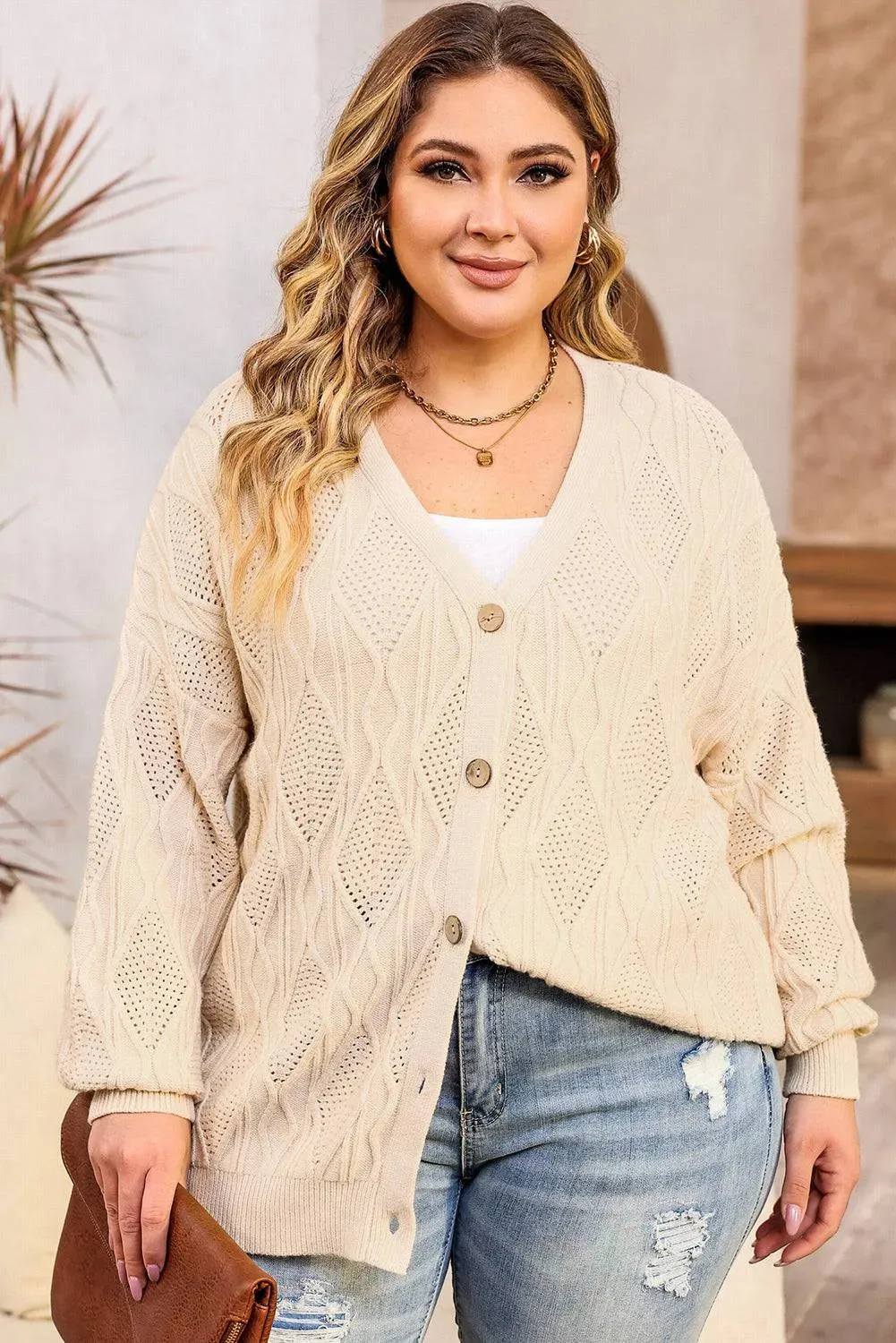 Apricot Plus Size Knit Button Up Cardigan