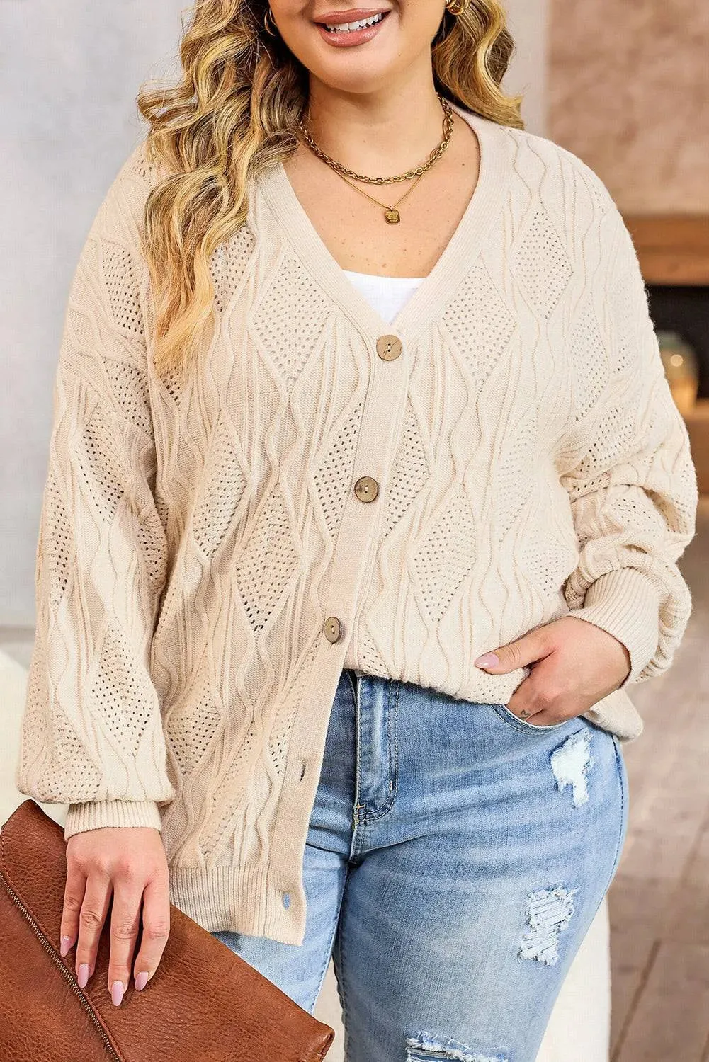 Apricot Plus Size Knit Button Up Cardigan