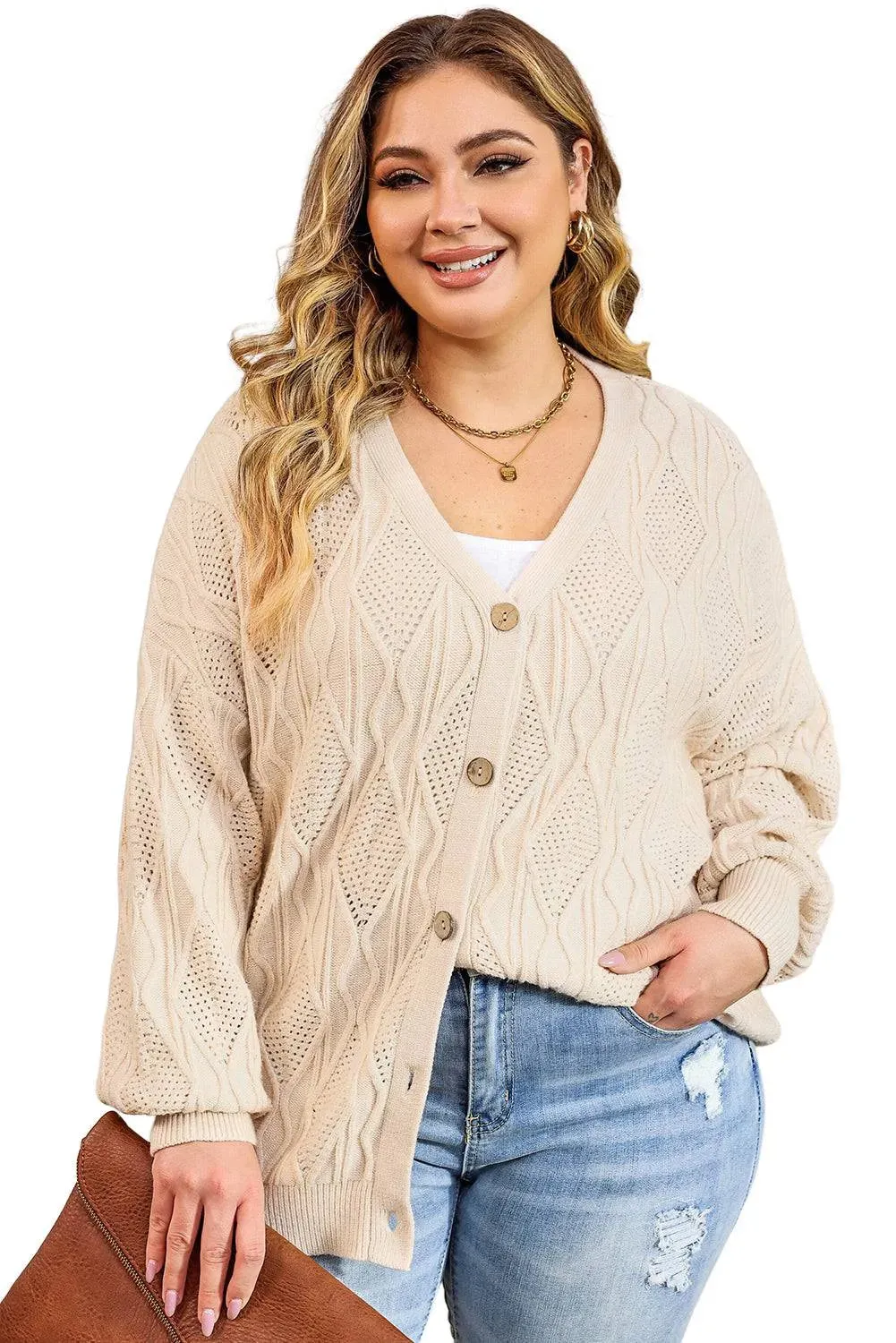 Apricot Plus Size Knit Button Up Cardigan