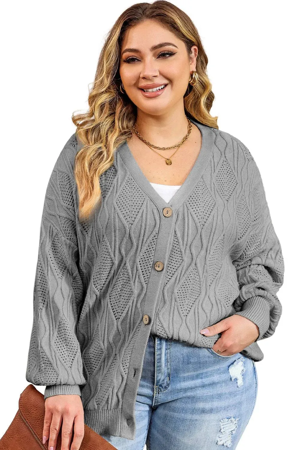 Apricot Plus Size Knit Button Up Cardigan