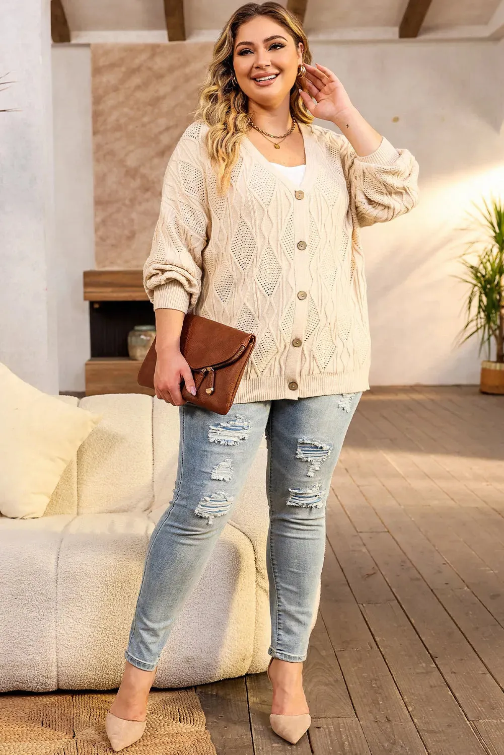 Apricot Plus Size Knit Button Up Cardigan