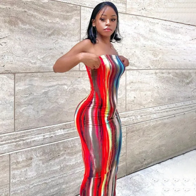 Bandeau Tie Dye Maxi Bodycon Dress