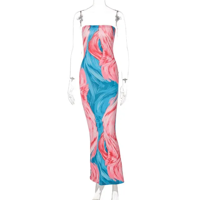 Bandeau Tie Dye Maxi Bodycon Dress