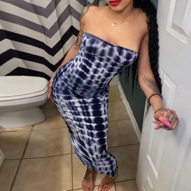 Bandeau Tie Dye Maxi Bodycon Dress
