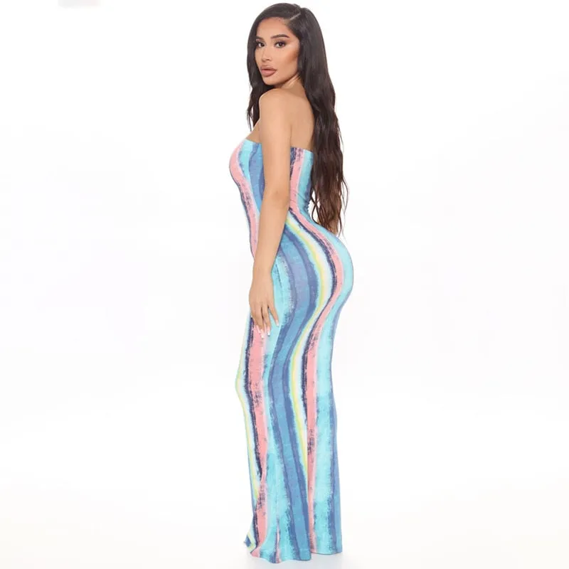 Bandeau Tie Dye Maxi Bodycon Dress