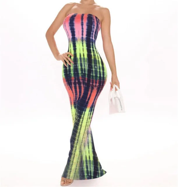 Bandeau Tie Dye Maxi Bodycon Dress