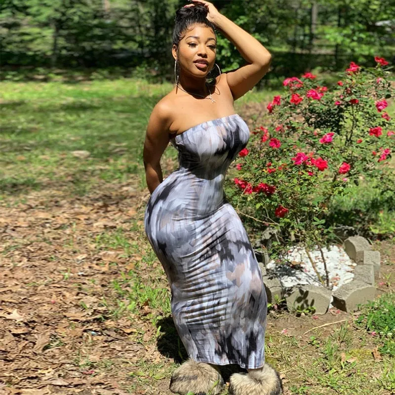 Bandeau Tie Dye Maxi Bodycon Dress