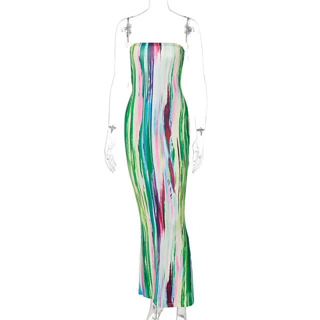 Bandeau Tie Dye Maxi Bodycon Dress