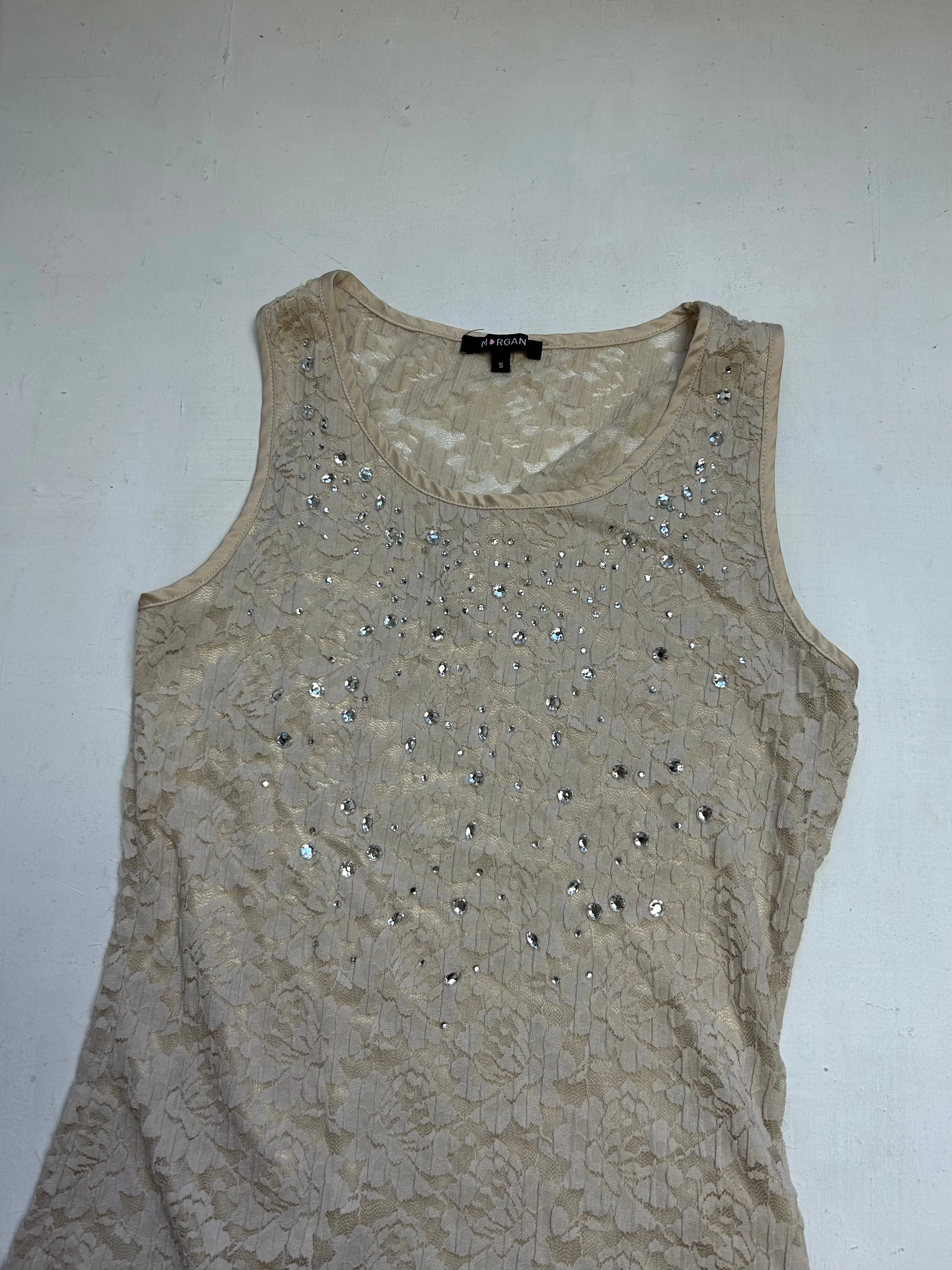 Beige lace detail tank top (S)
