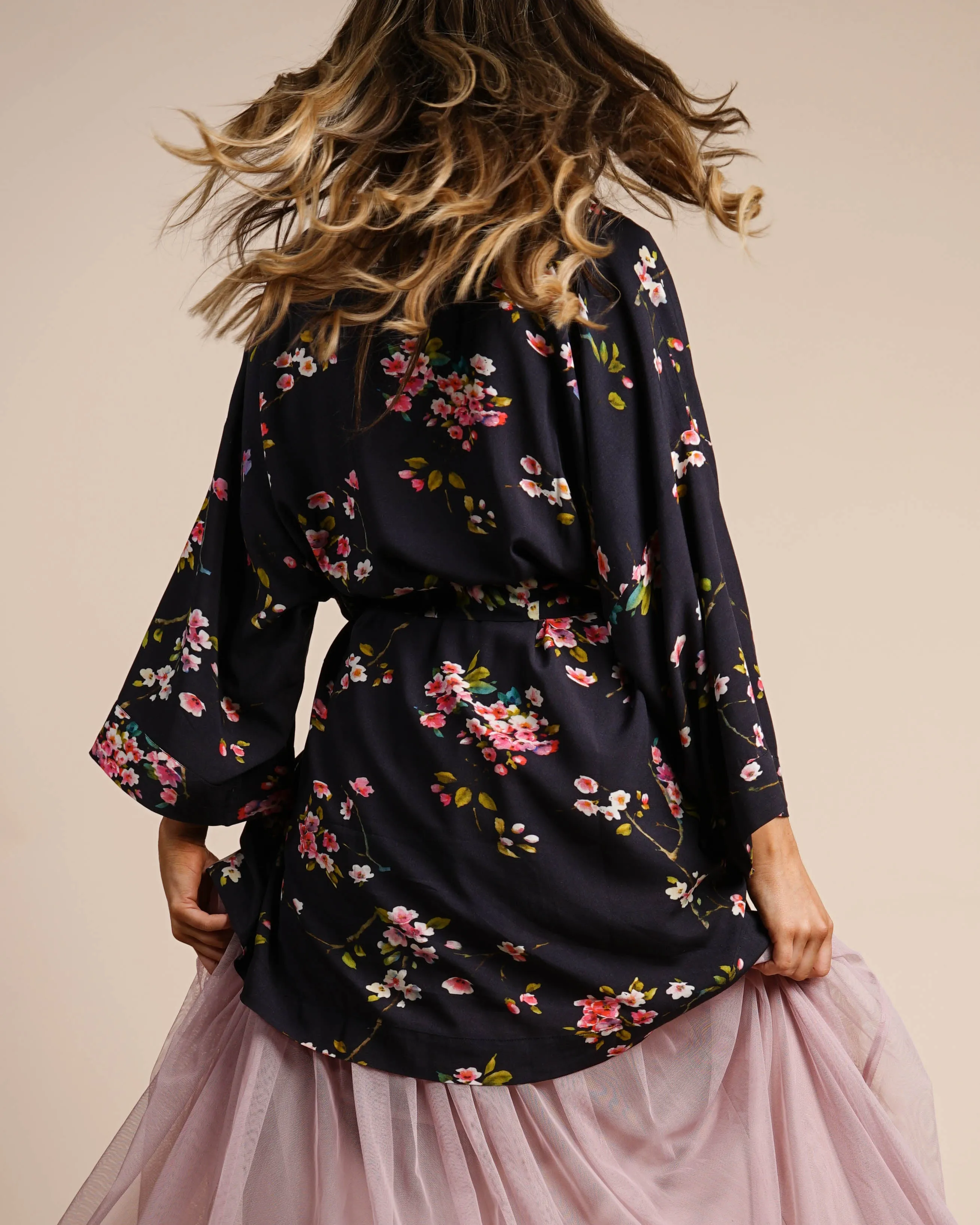 Black & Pink Kimono | Coco Cherry Blossom Print Robe