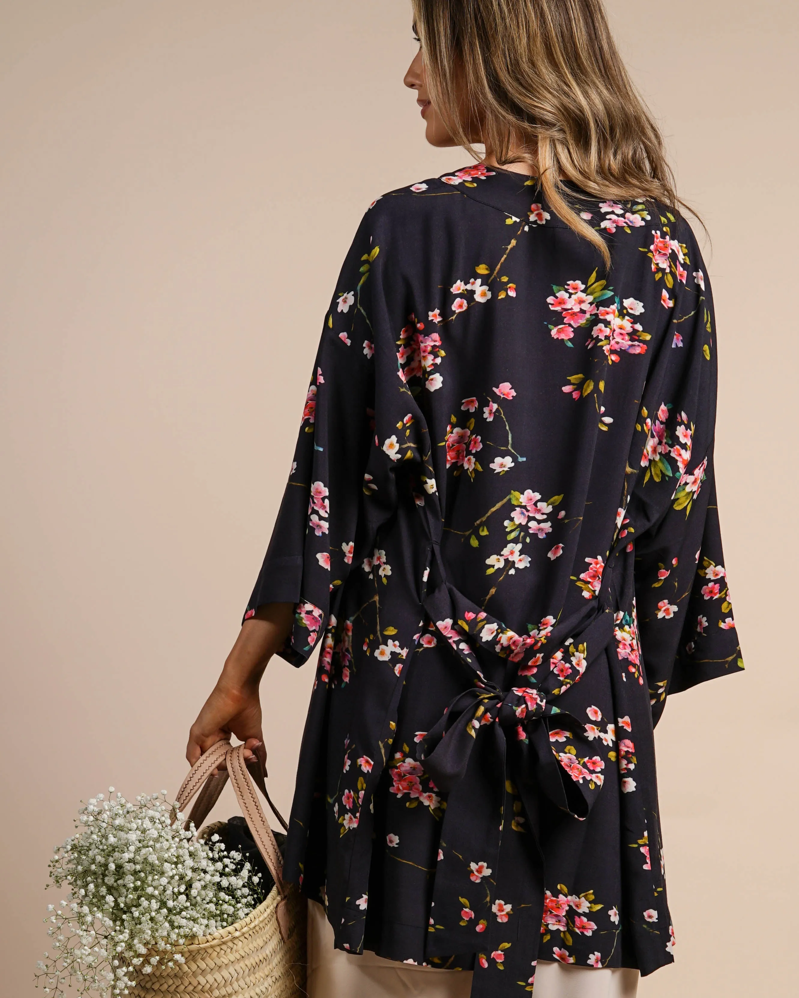 Black & Pink Kimono | Coco Cherry Blossom Print Robe