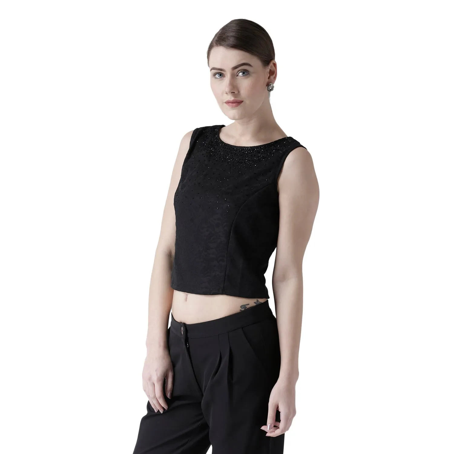 Black Crop Top With Beads