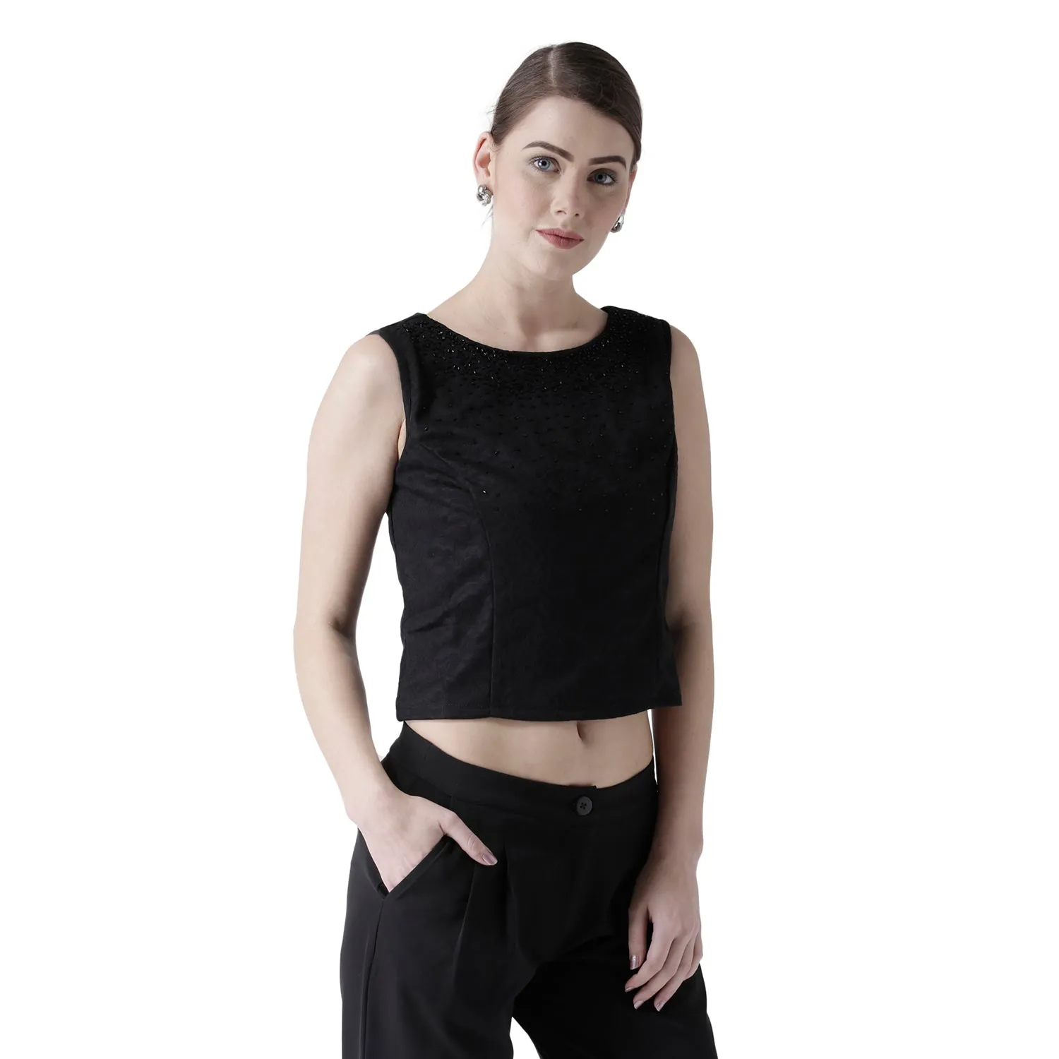 Black Crop Top With Beads