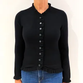 Black Ruffle Edged Cashmere V-Neck Cardigan Medium