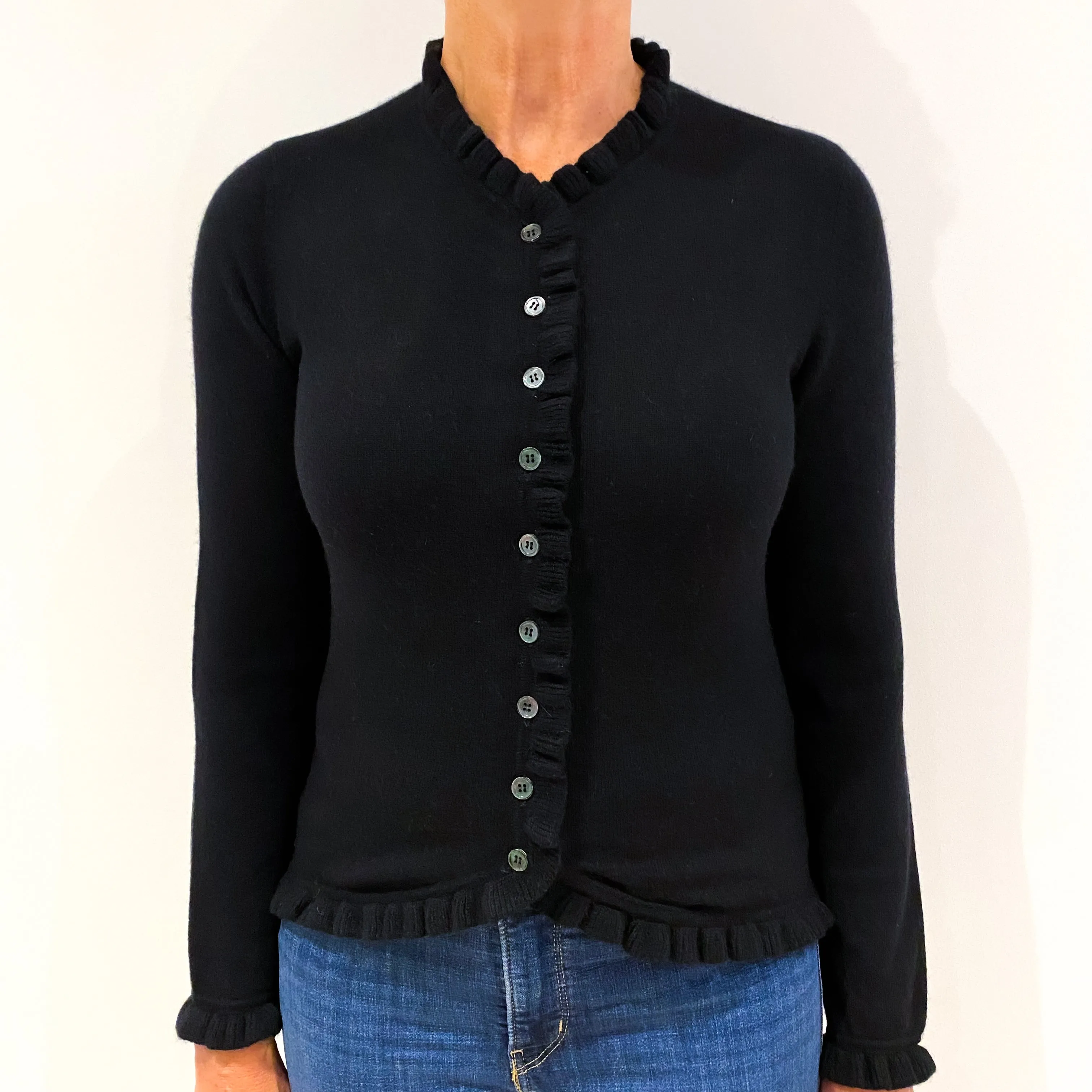 Black Ruffle Edged Cashmere V-Neck Cardigan Medium