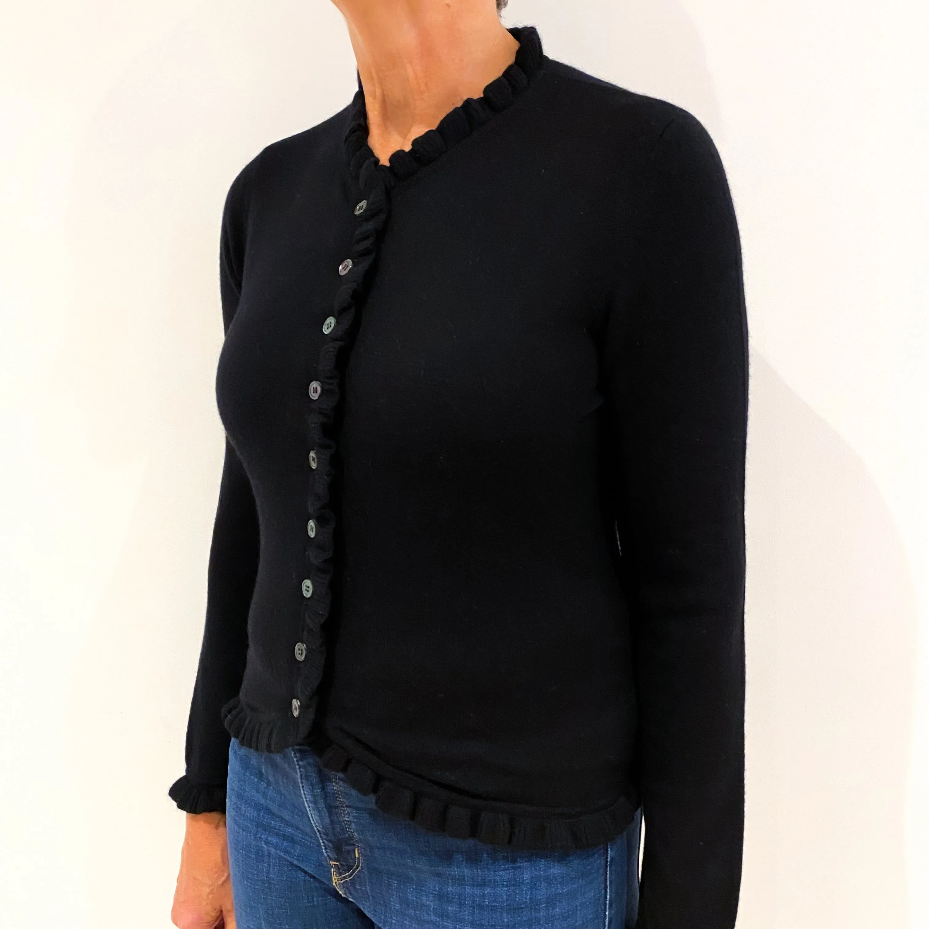 Black Ruffle Edged Cashmere V-Neck Cardigan Medium