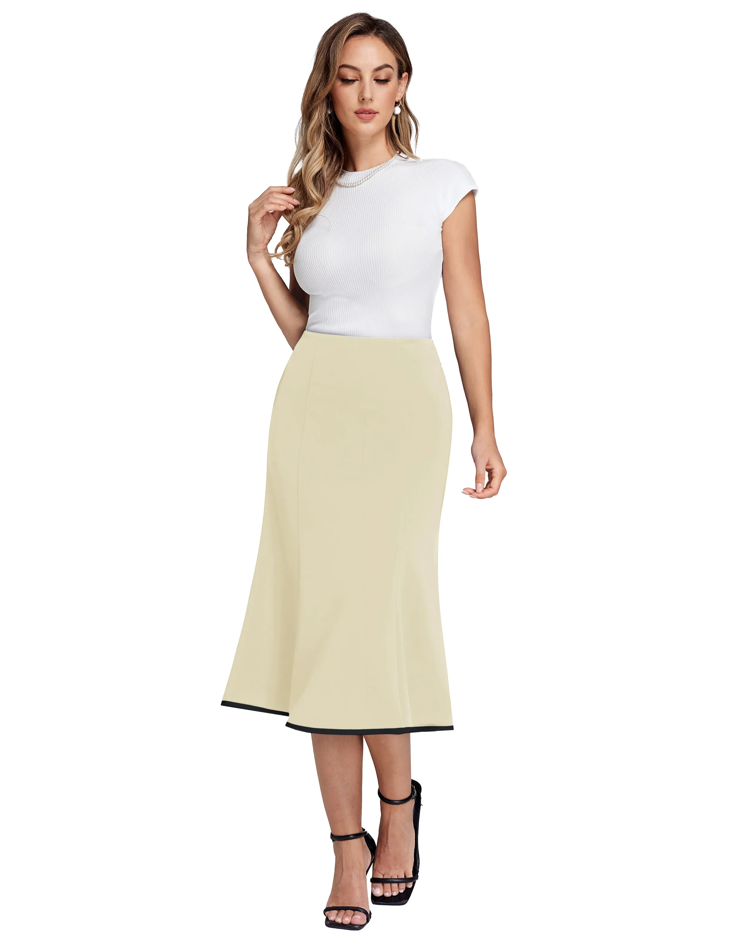 BP Women Mermaid Hem Skirt Elastic Waistline Mid-Calf Bodycon Skirt