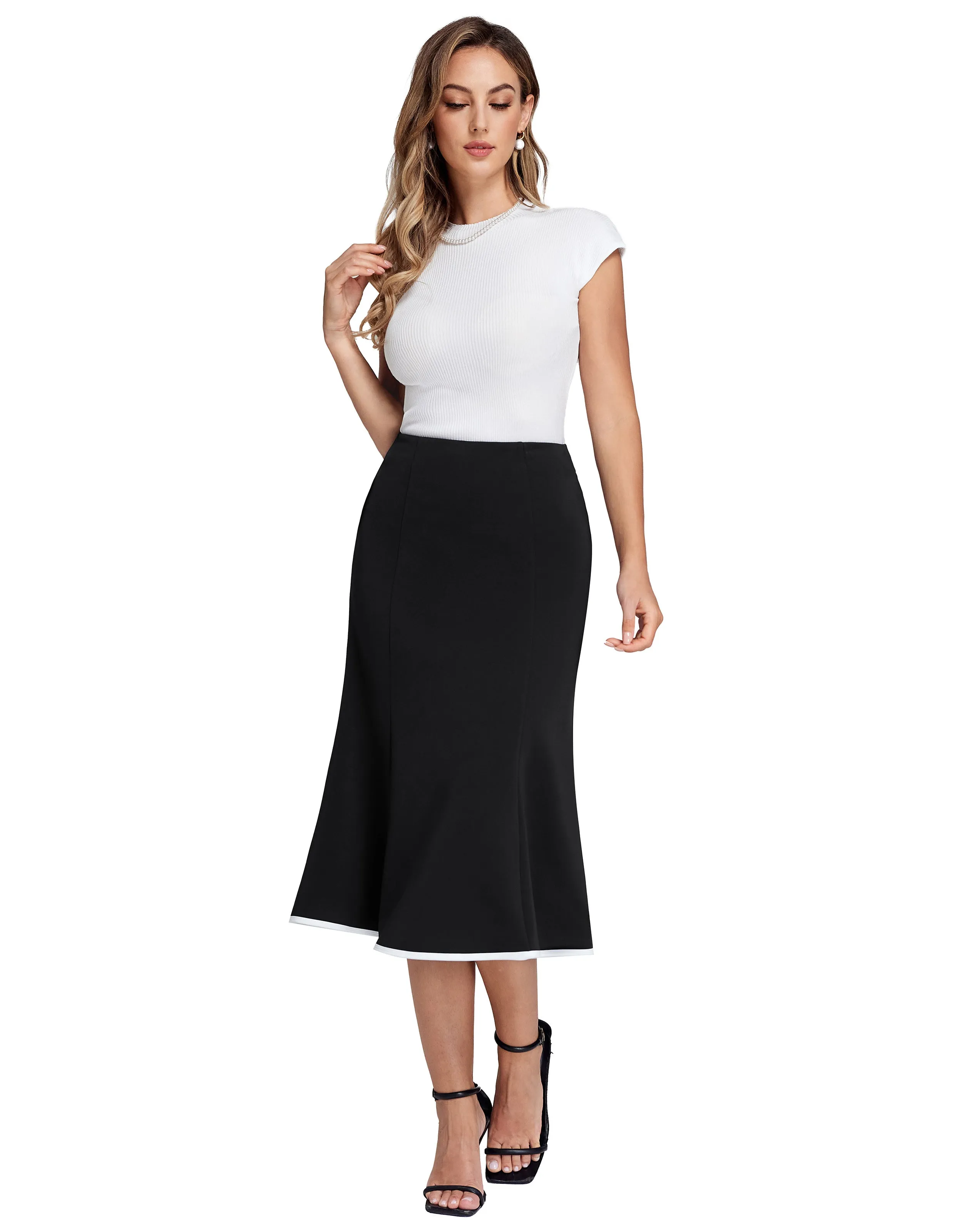 BP Women Mermaid Hem Skirt Elastic Waistline Mid-Calf Bodycon Skirt