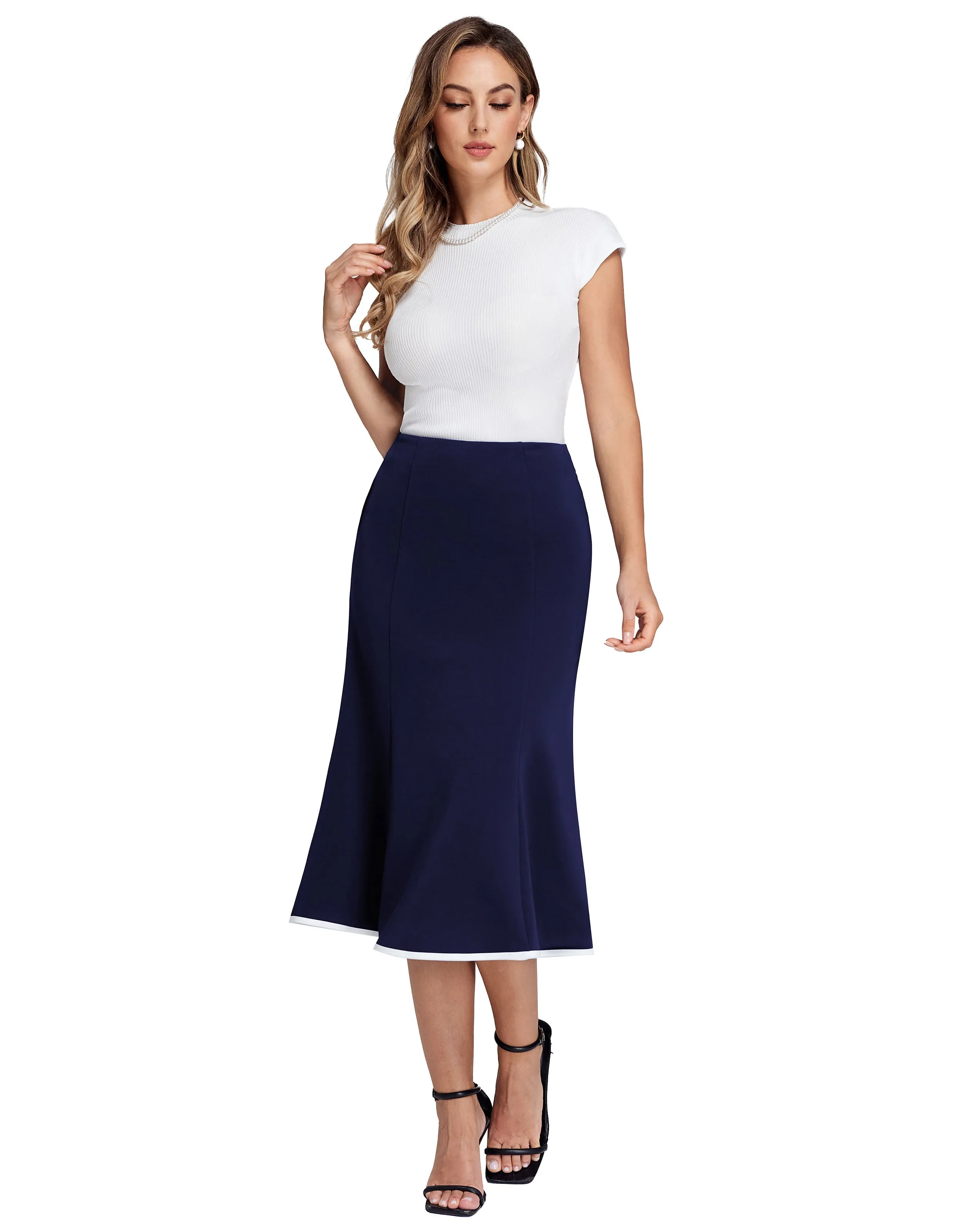 BP Women Mermaid Hem Skirt Elastic Waistline Mid-Calf Bodycon Skirt