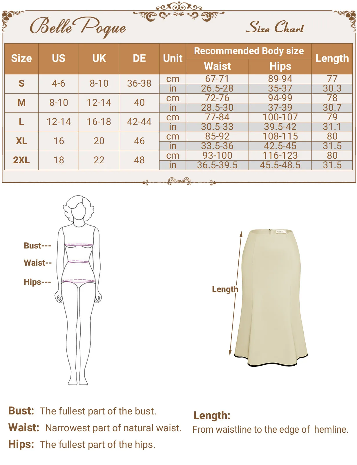 BP Women Mermaid Hem Skirt Elastic Waistline Mid-Calf Bodycon Skirt