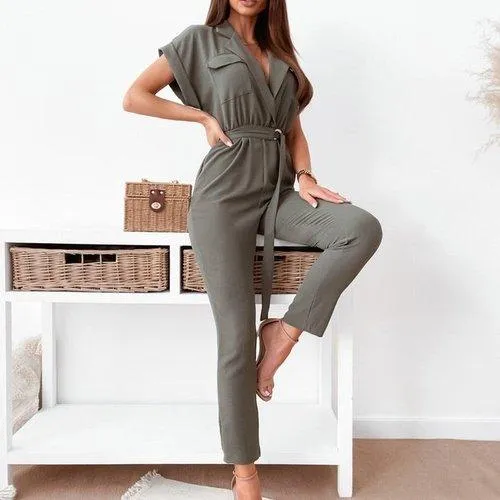 Casual Solid Short Sleeve Jumpsuit