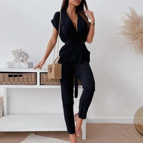 Casual Solid Short Sleeve Jumpsuit