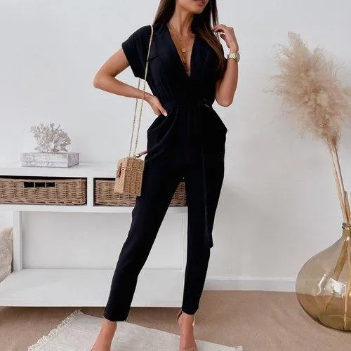 Casual Solid Short Sleeve Jumpsuit