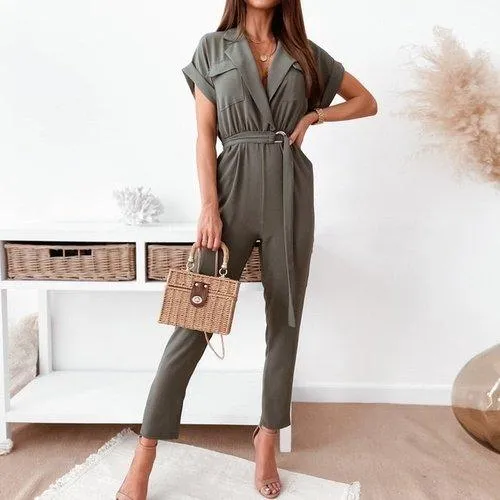 Casual Solid Short Sleeve Jumpsuit