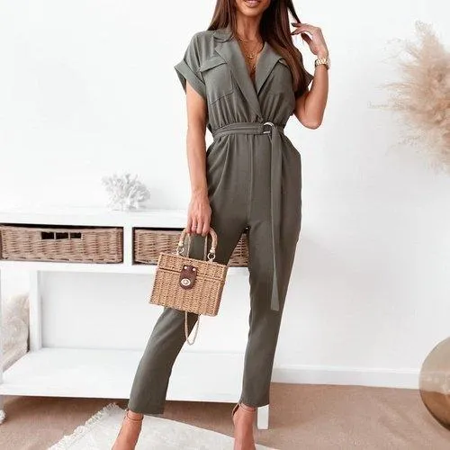 Casual Solid Short Sleeve Jumpsuit