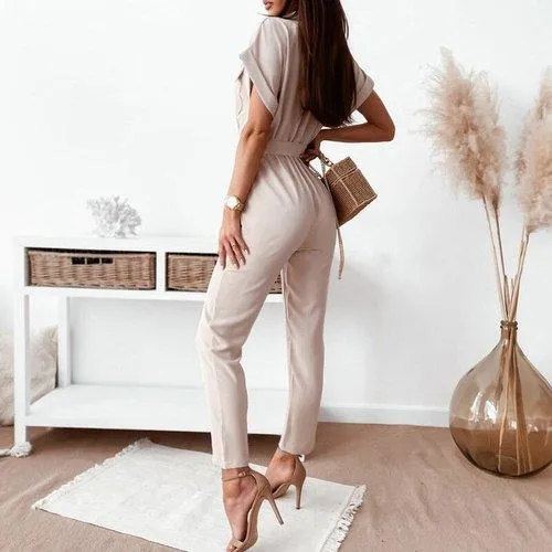 Casual Solid Short Sleeve Jumpsuit