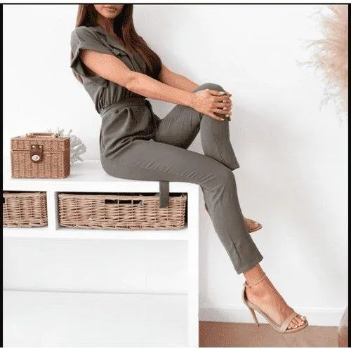 Casual Solid Short Sleeve Jumpsuit