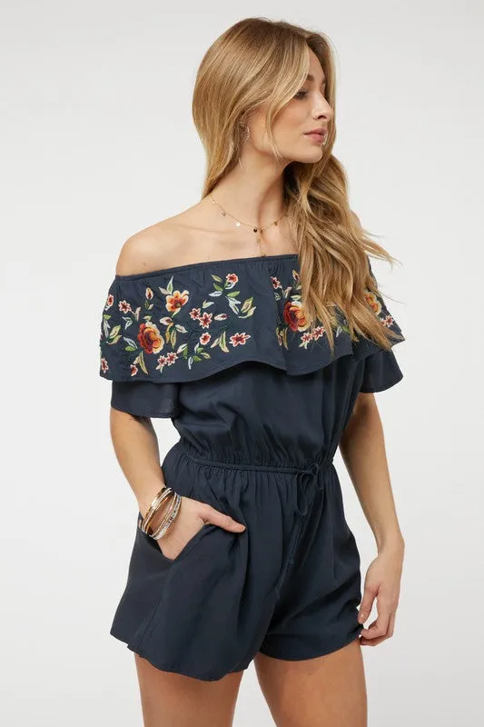 Coral Red Floral Embroidered Off Shoulder Shorts Romper