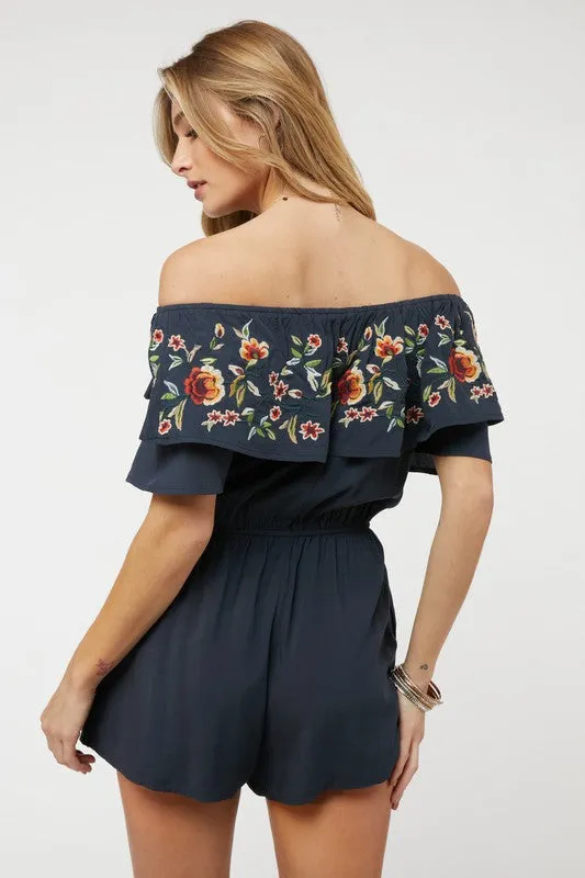 Coral Red Floral Embroidered Off Shoulder Shorts Romper
