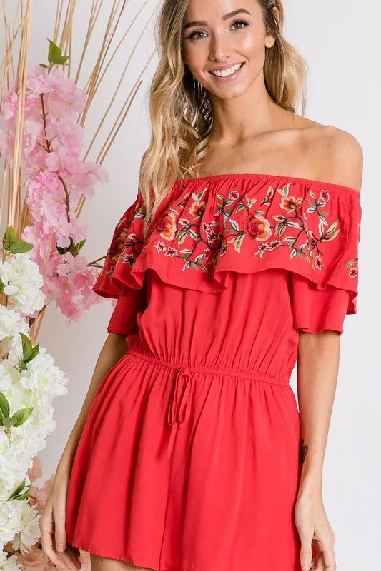 Coral Red Floral Embroidered Off Shoulder Shorts Romper