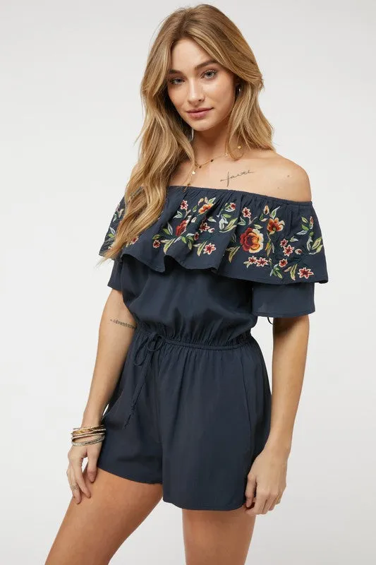 Coral Red Floral Embroidered Off Shoulder Shorts Romper
