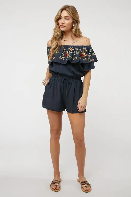 Coral Red Floral Embroidered Off Shoulder Shorts Romper