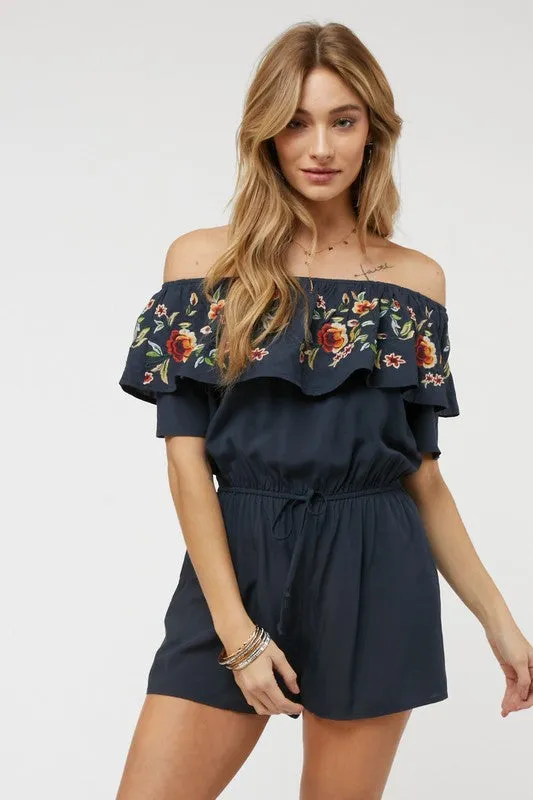 Coral Red Floral Embroidered Off Shoulder Shorts Romper