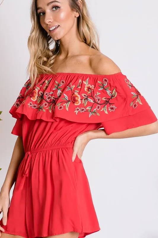 Coral Red Floral Embroidered Off Shoulder Shorts Romper