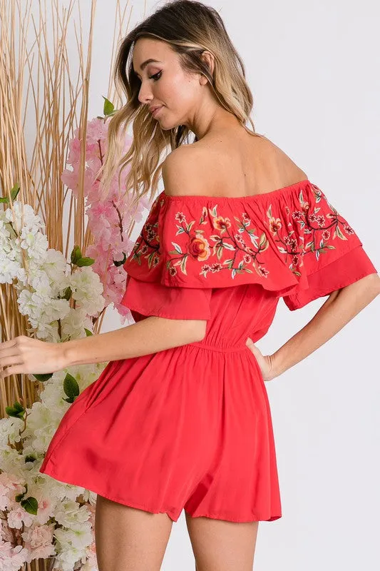 Coral Red Floral Embroidered Off Shoulder Shorts Romper