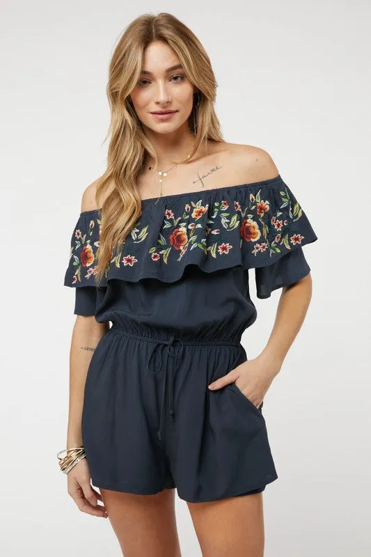 Coral Red Floral Embroidered Off Shoulder Shorts Romper
