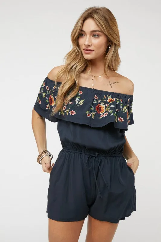 Coral Red Floral Embroidered Off Shoulder Shorts Romper