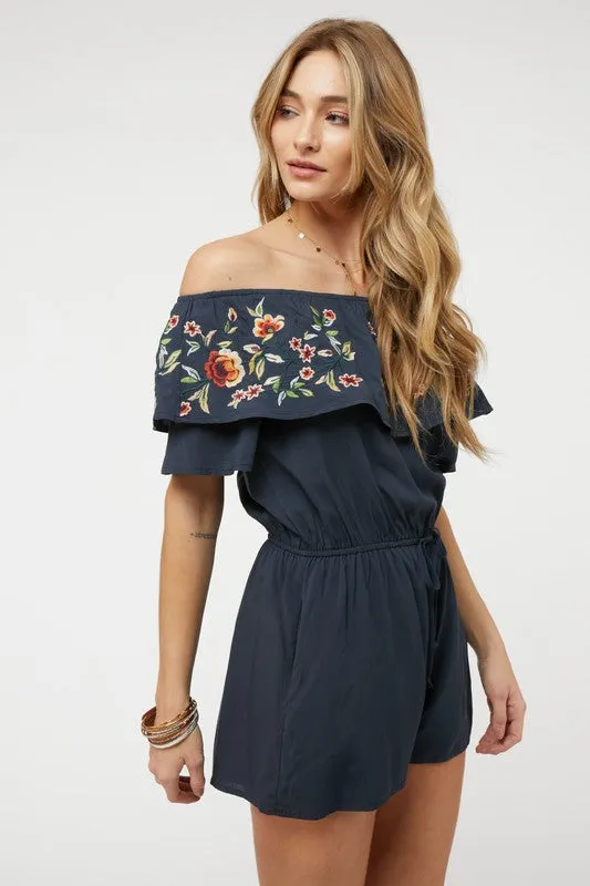 Coral Red Floral Embroidered Off Shoulder Shorts Romper