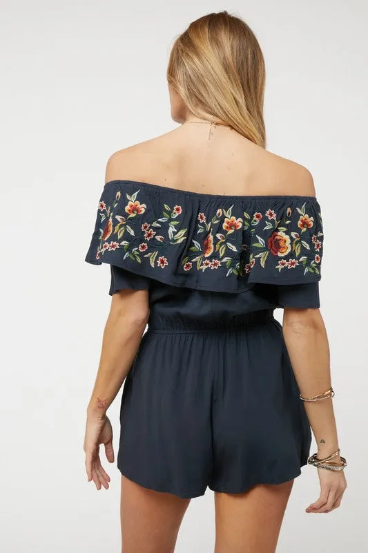Coral Red Floral Embroidered Off Shoulder Shorts Romper