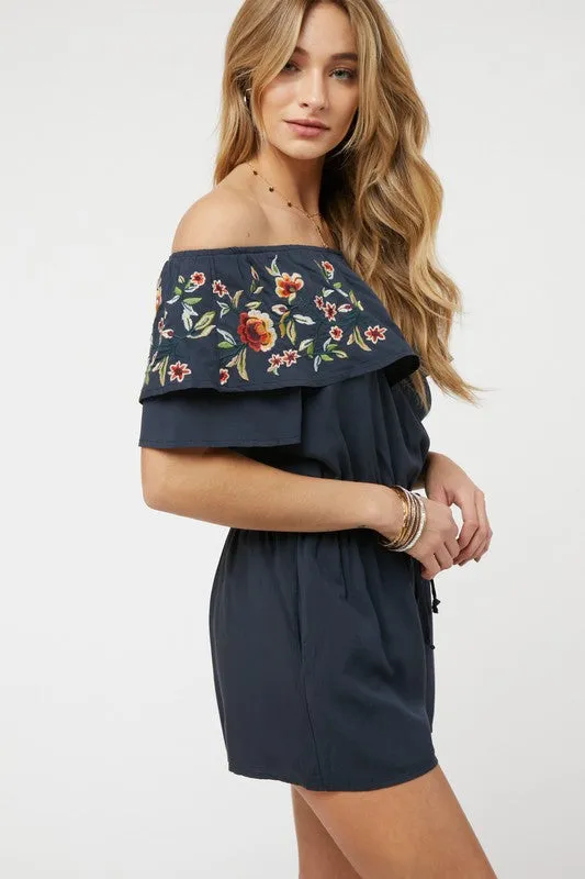 Coral Red Floral Embroidered Off Shoulder Shorts Romper