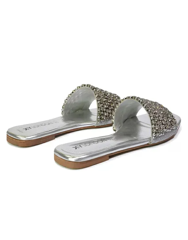 Daisy-Jones Slip On Slider Diamante Flat Sandals With Square Toe in Silver