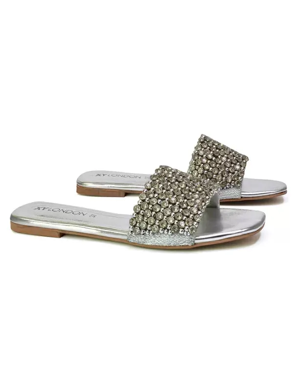 Daisy-Jones Slip On Slider Diamante Flat Sandals With Square Toe in Silver