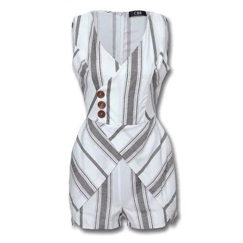 Elegant Casual Slim V-Neck Sleeveless Striped Buttoned Romper
