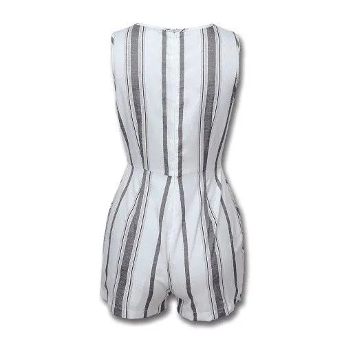 Elegant Casual Slim V-Neck Sleeveless Striped Buttoned Romper